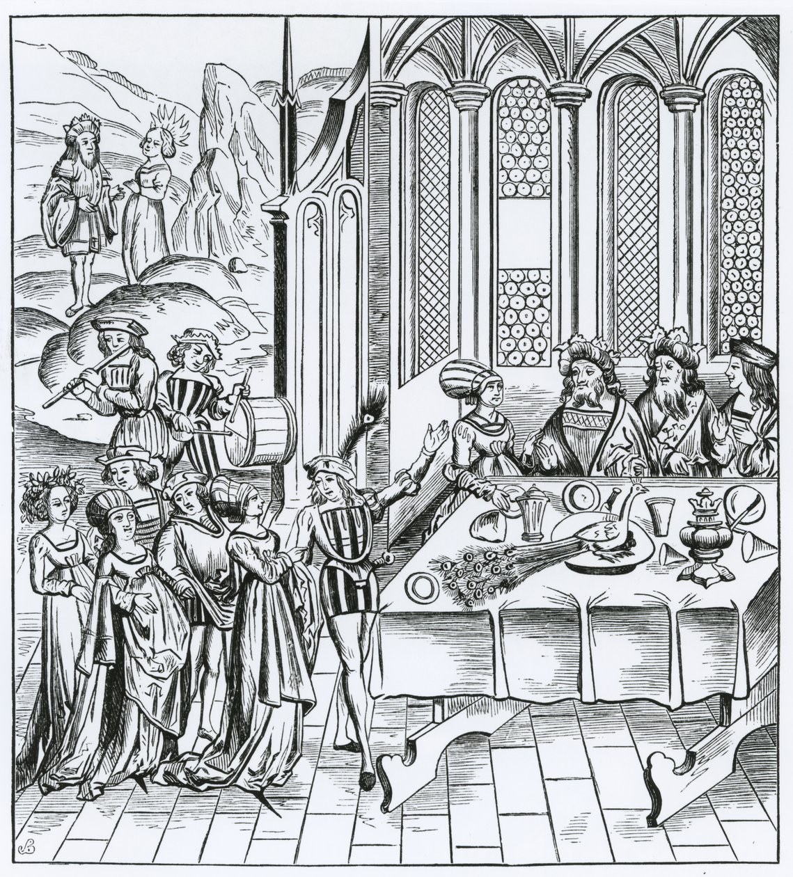Statsbanket - servering af påfuglen, efter et træsnit i en udgave af Virgil, udgivet Lyons, 1517 af French School