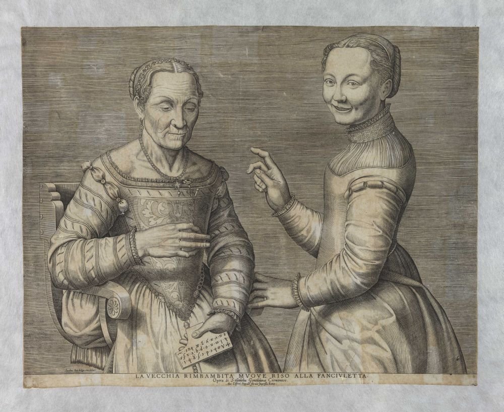 Gammel kvinde og grinende pige af after Sofonisba Anguissola
