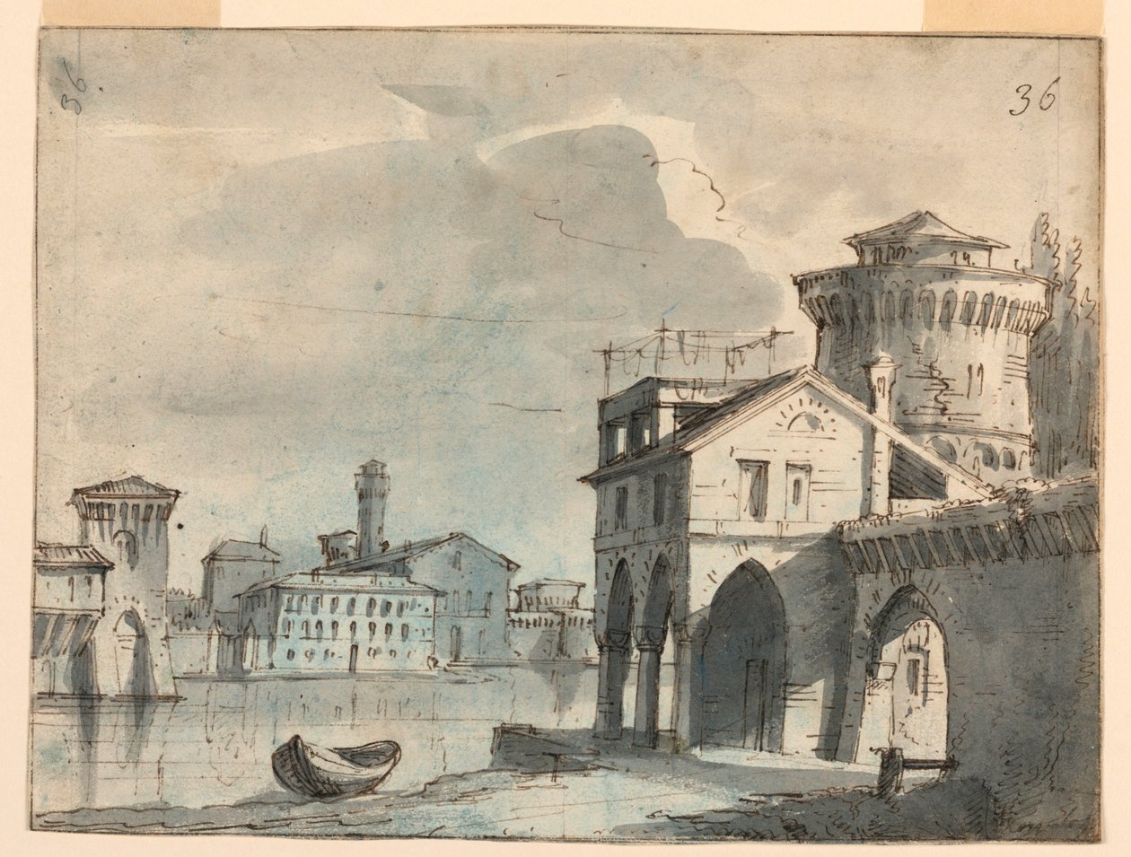 Scenedesign, bygninger ved floden af after Alessandro Sanquirico