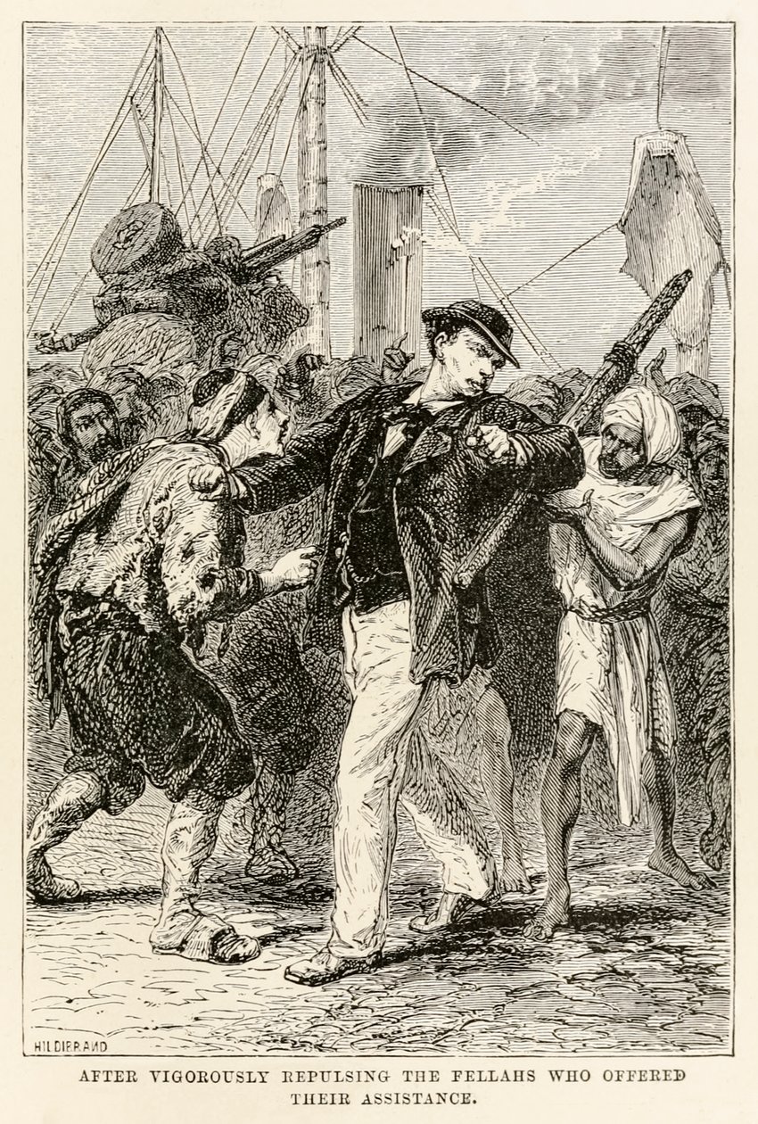 Efter kraftigt at have frastødt de fyre, der tilbød deres hjælp, fra Jorden rundt på firs dage af Jules Verne (1828-1905), graveret af Henri-Théophile Hildebrand (1824-1897) 1873 (gravering) af after Alphonse Marie de Neuville