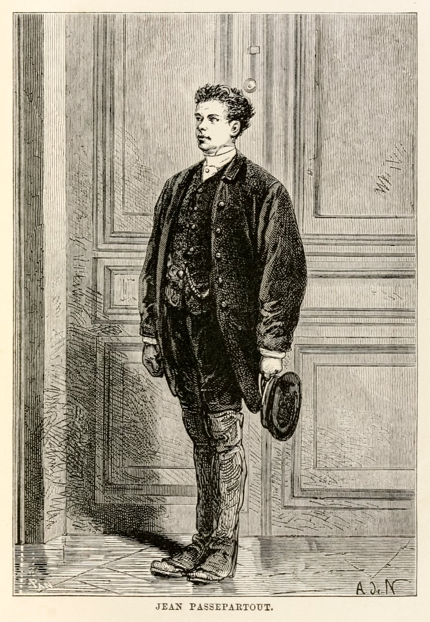 Jean Passepartout, fra Jorden rundt på firs dage af Jules Verne (1828-1905), indgraveret af Louis Dumont (f.1822) 1873 af after Alphonse Marie de Neuville