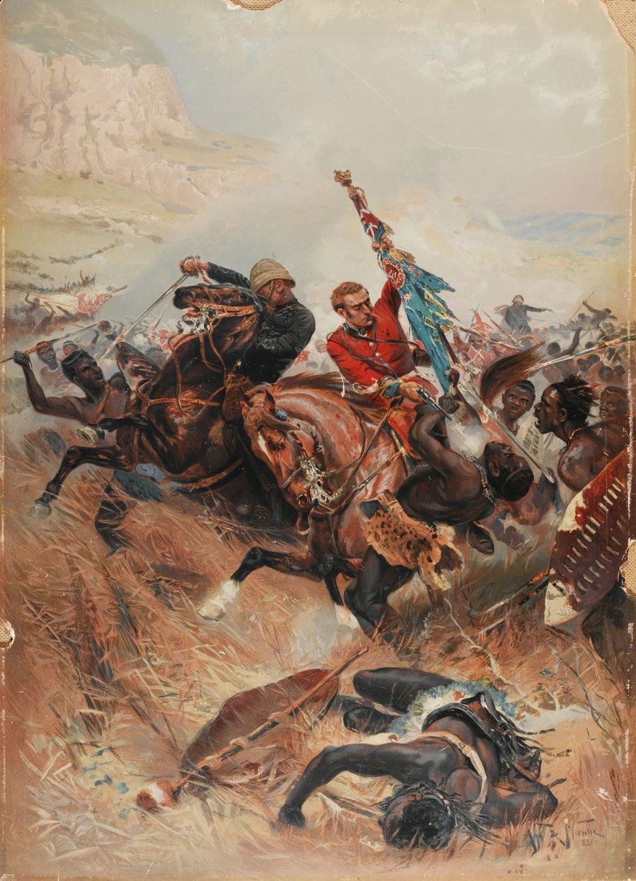 Løjtnanterne Melville og Coghill Saving the Colours, Zulu-krigen i 1879, 1881 (chromolitho) af after Alphonse Marie de Neuville