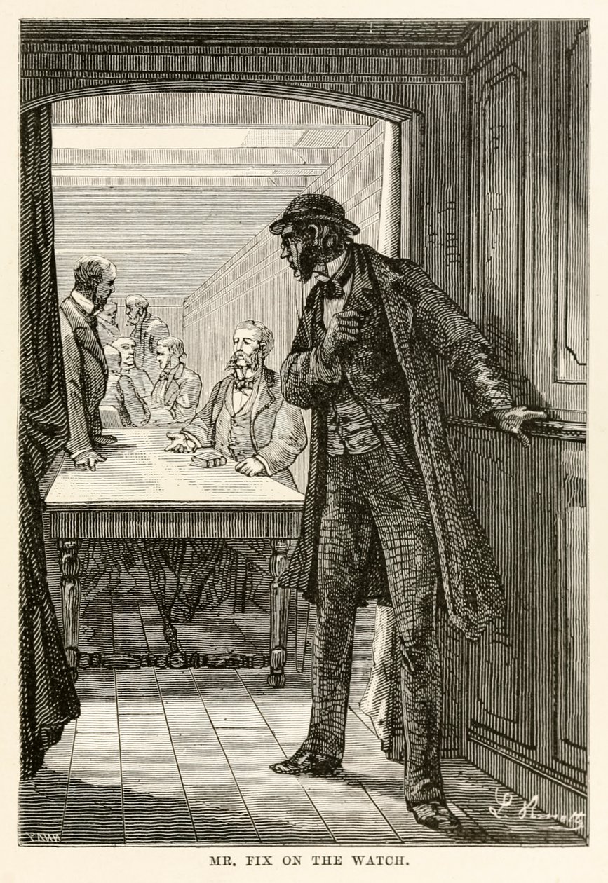 Mr. Fix på uret, fra Around the World in Eighty Days af Jules Verne (1828-1905), indgraveret af Louis Dumont (f.1822), 1873 af after Alphonse Marie de Neuville