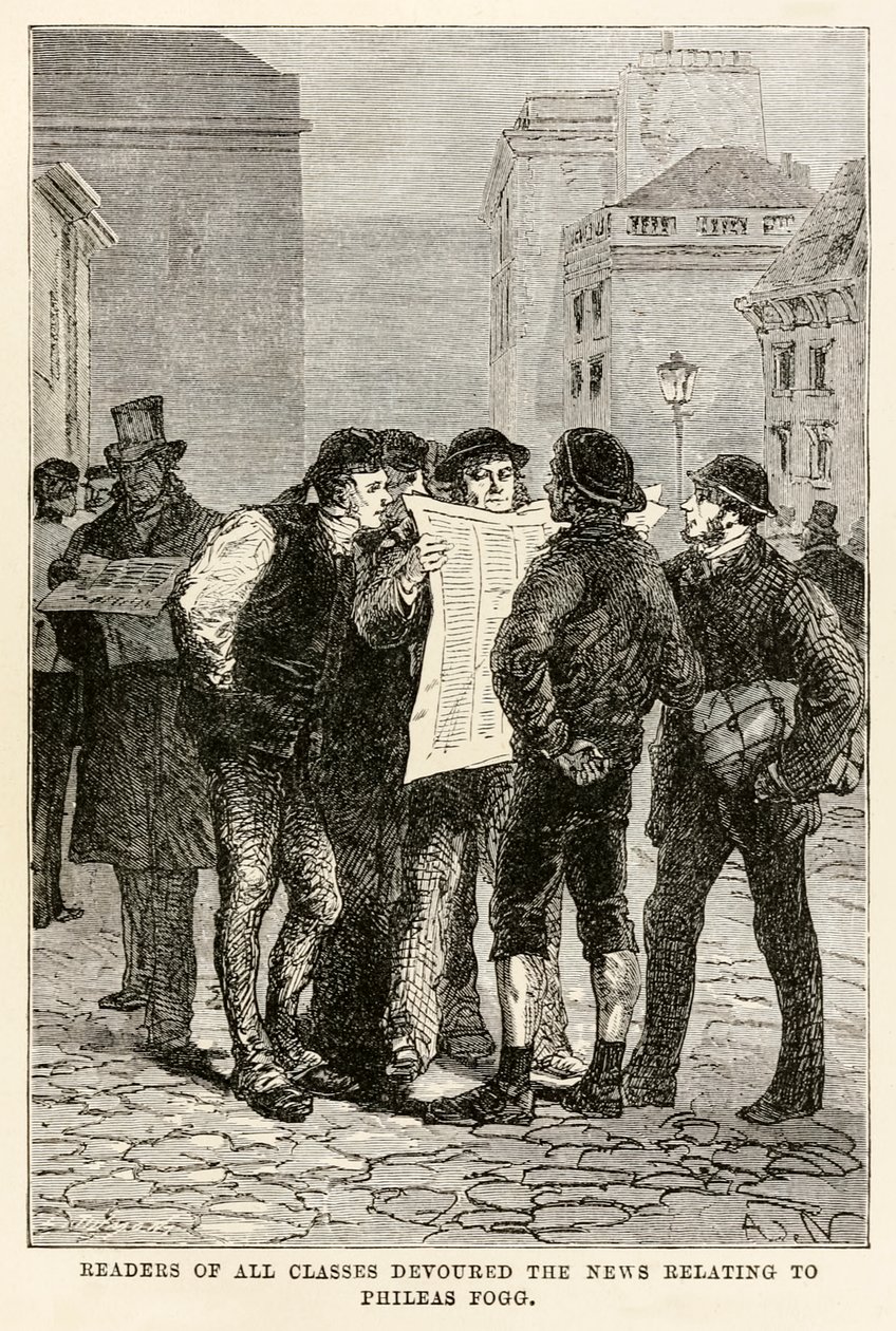 Læsere fra alle klasser slugte nyhederne om Phileas Fogg, fra Around the World in Eighty Days af Jules Verne (1828-1905), indgraveret af Louis Dumont (f.1822) 1873 af after Alphonse Marie de Neuville