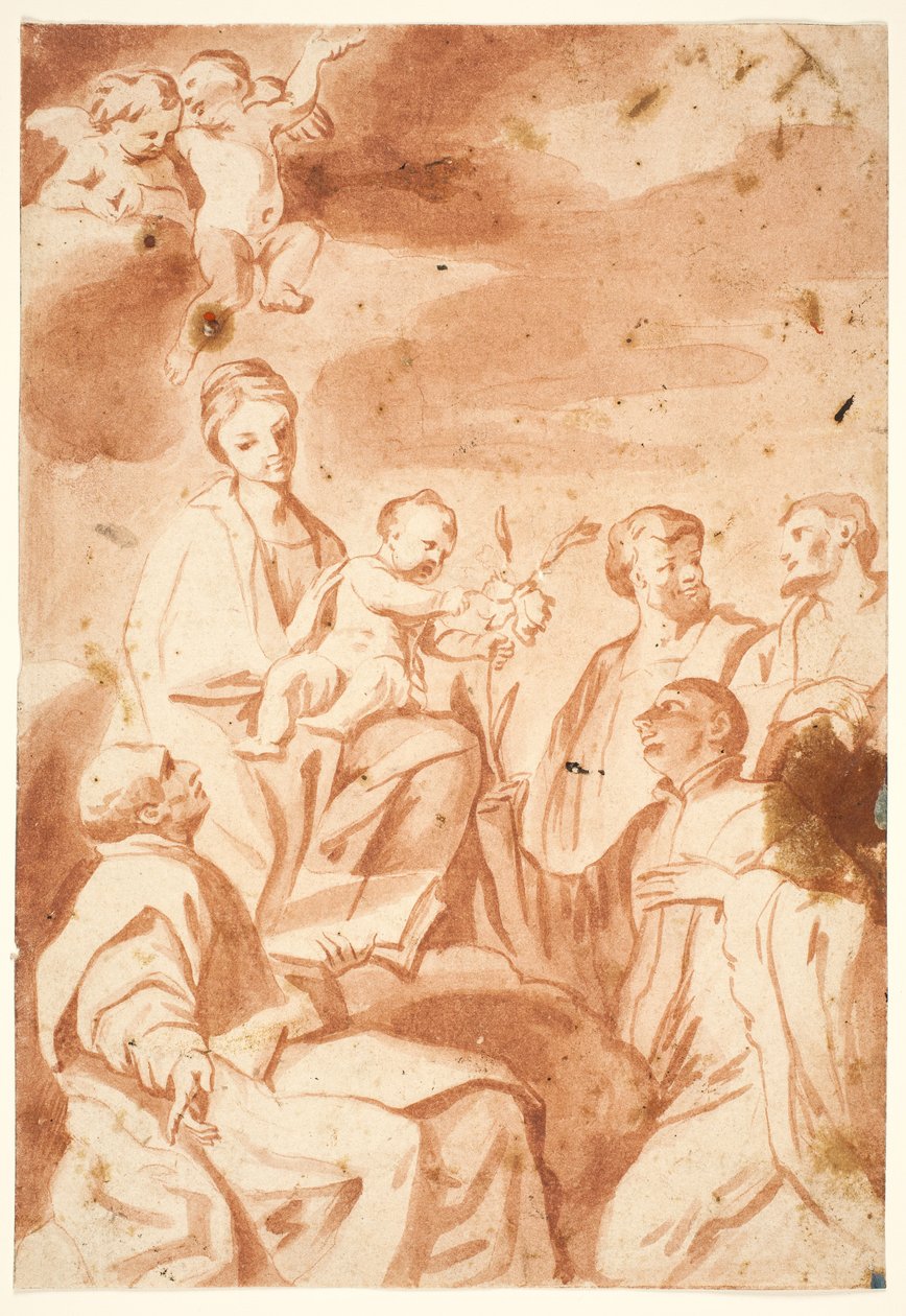 Madonnaen og barnet tronede med Sts Ignatius af Loyola, Francis Xavier, Cosmas og Damian af after Andrea Sacchi