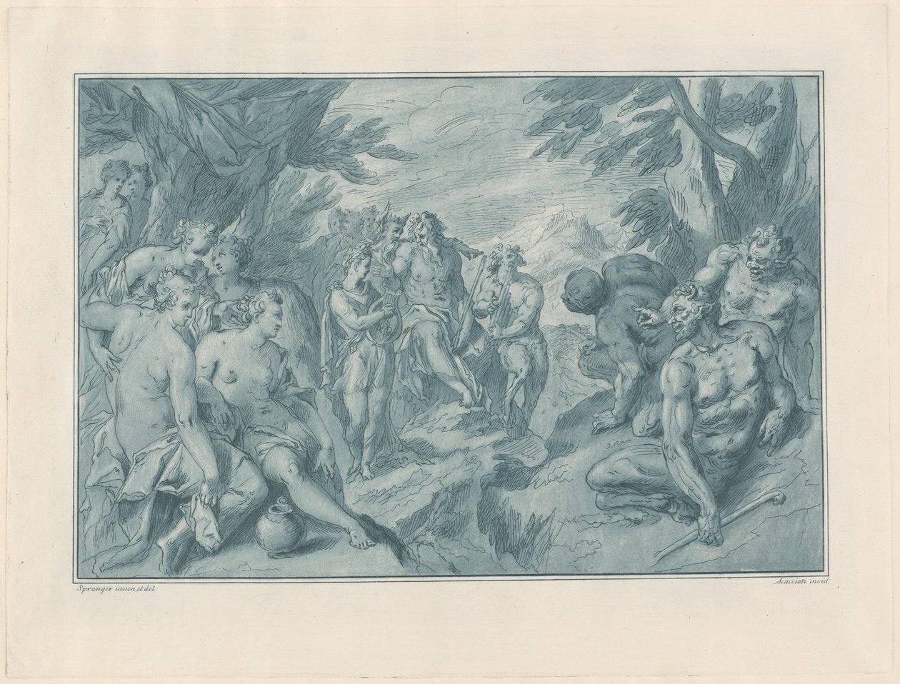 Den musikalske konkurrence mellem Apollo og Pan af after Bartholomaeus Spranger Andrea Scacciati