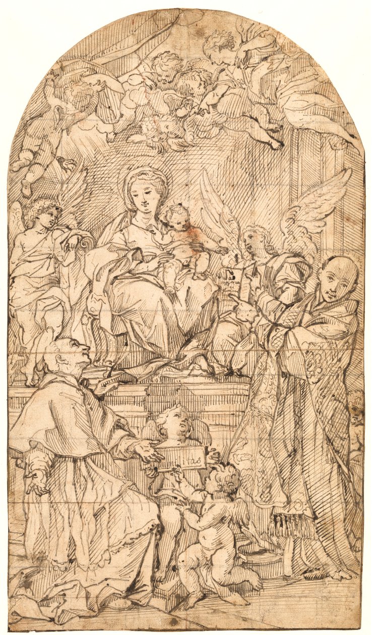 Madonnaen og barnet troner, flankeret af engle og de hellige Charles Borromeo og Ignatius af Loyola af after Carlo Maratti