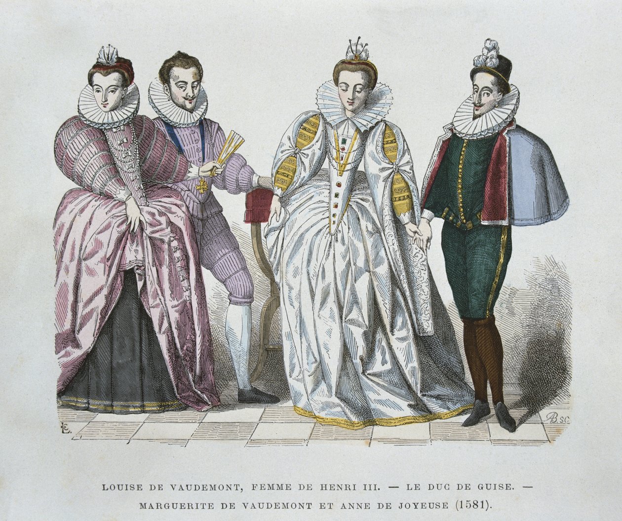 Louise af Lorraine-Vaudemont (1553-1601), hustru til Henri III, hertug af Guise (1549-88), Marguerite af Vaudemont (1564-1625) og Anne af Joyeuse (1561-87) af after Chevignard
