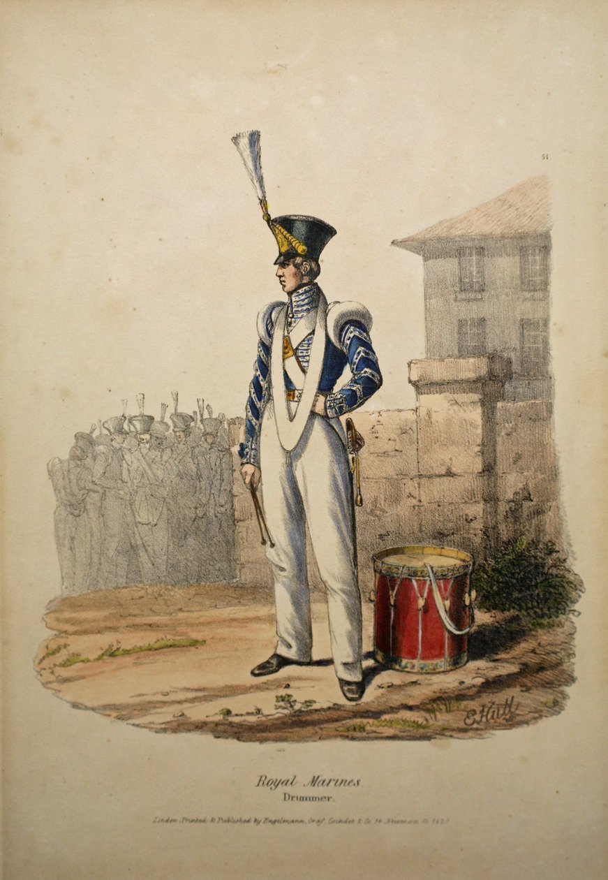 Royal Marines Drummer, ca. 1829 (håndfarvet litho) af after Edward Hull