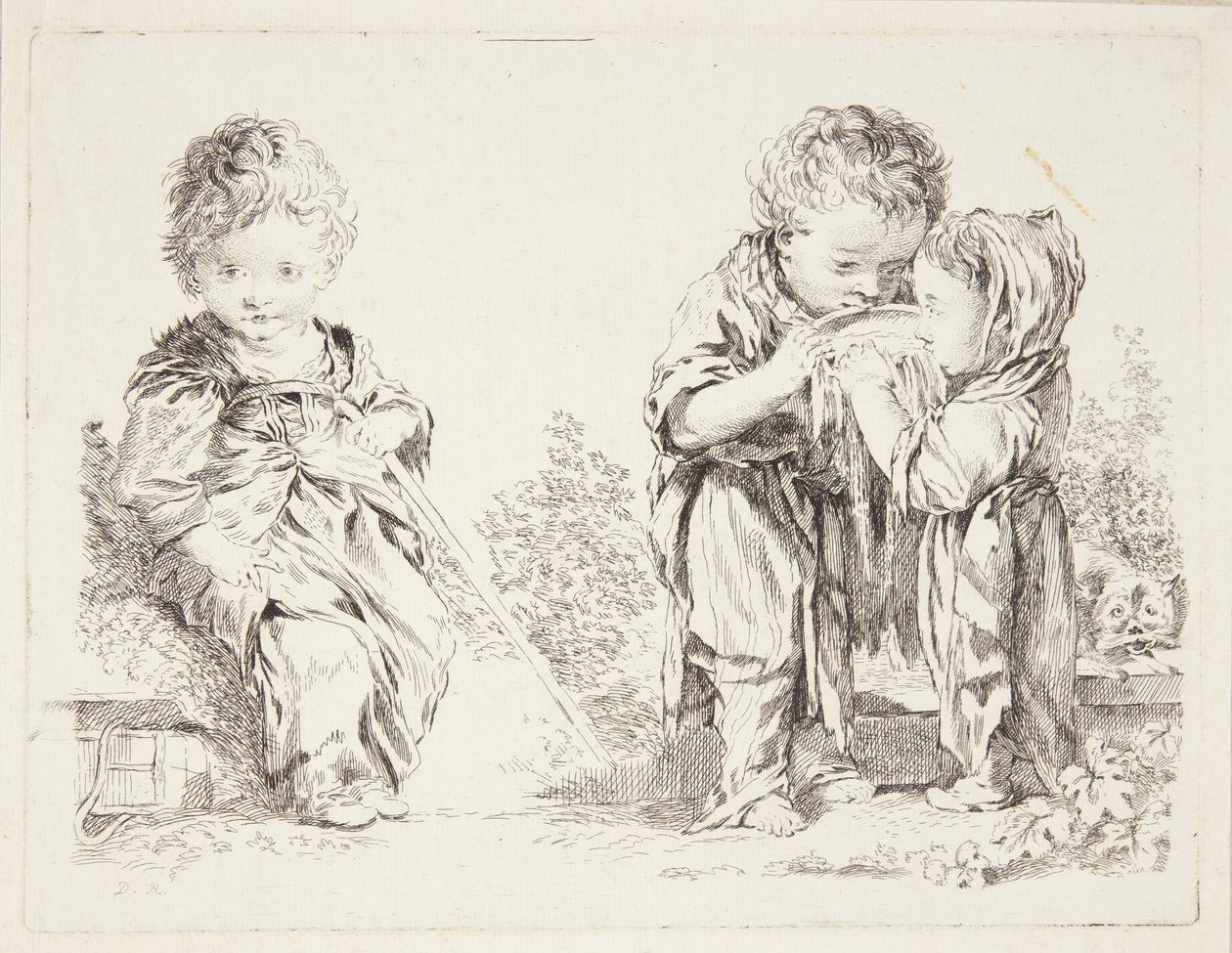 Barn siddende på en jordklump og De små mælkedrikkere af after Francois Boucher