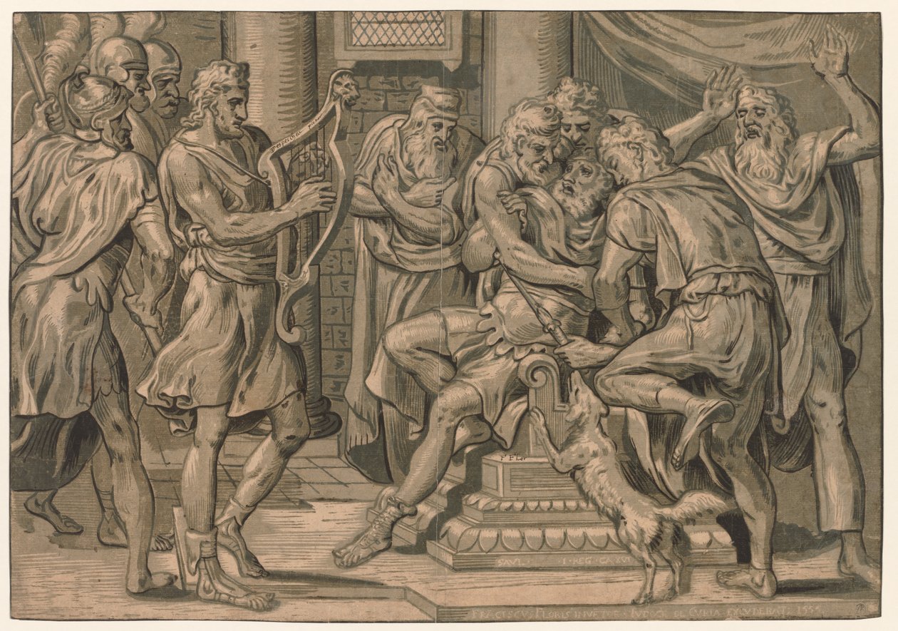 David spiller på harpen før Saul af after Frans Floris