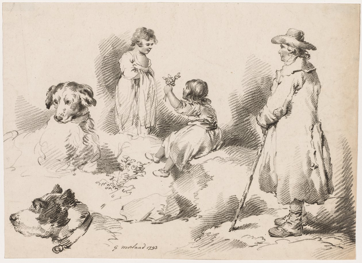 Studier af børn (to små piger); To Hunde; En mand af after George Morland
