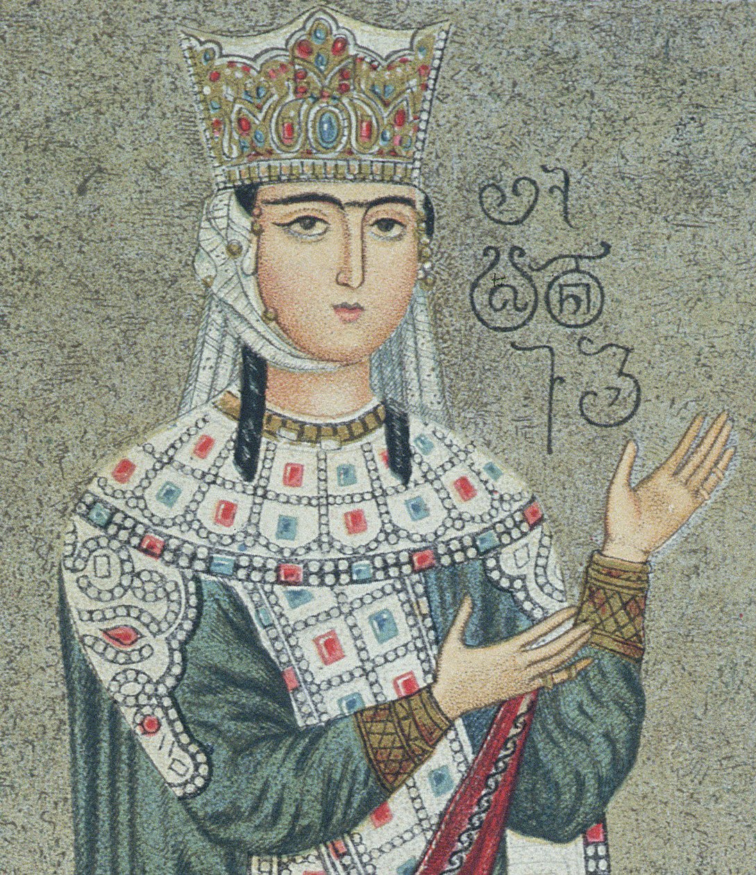 Detalje af en fresko, der forestiller dronning Thamar (1184-1213) og hendes far kong Grigori III (1156-1184) af after Georgian School