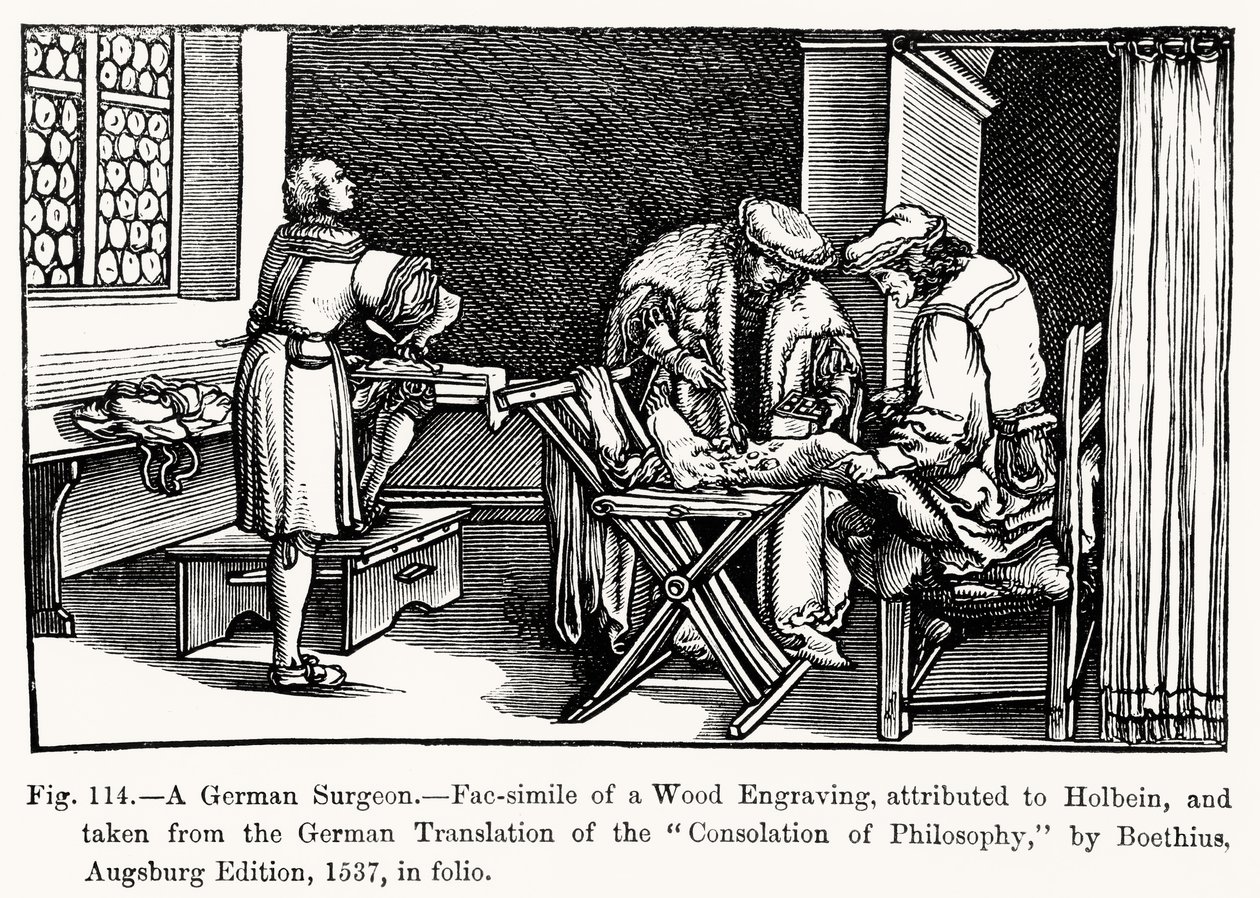En tysk kirurg, fra Consolation of Philosophy af Boethius, illustration fra Videnskab og litteratur i middelalderen og renæssancen, skrevet og indgraveret af Paul Lacroix, 1878 (bw ph) af after German School