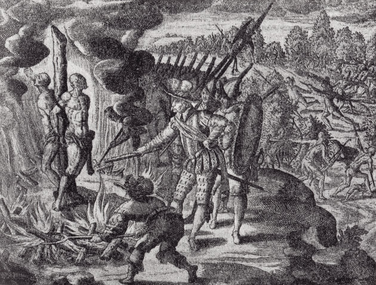 Spaniernes hævn for Ayolas død, fra Gottfrieds Historia Antipodum, pub. i 1655, fra The Romance of the River Plate, Vol. I, af W. H. Koebel, 1914 af after German School