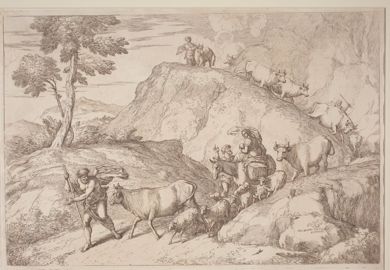 En ældre hyrde leder flokken af after Giovanni Benedetto Castiglione Gaetano Zompini
