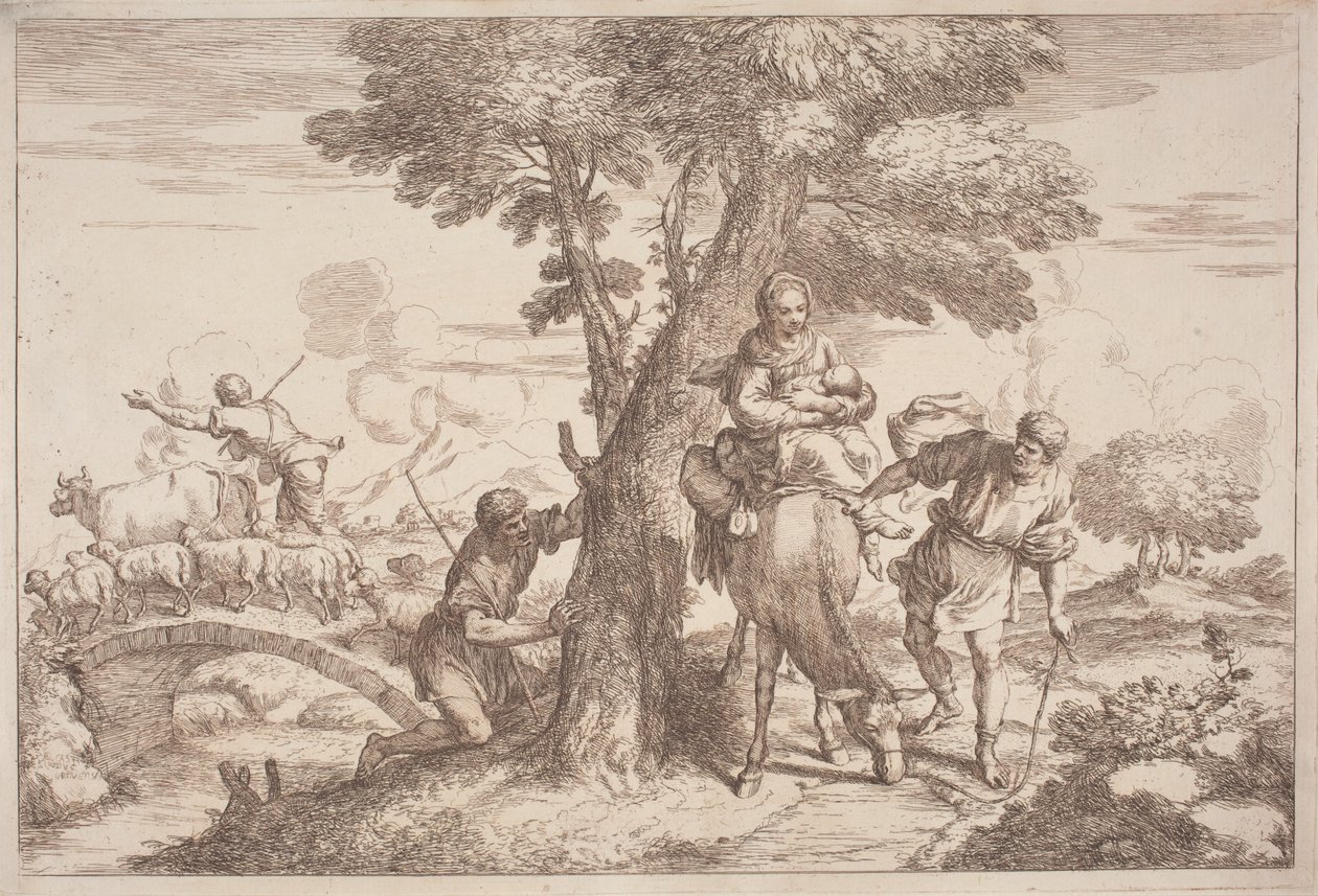 Flugten til Egypten med en hyrde, der ser bag et træ af after Giovanni Benedetto Castiglione Gaetano Zompini