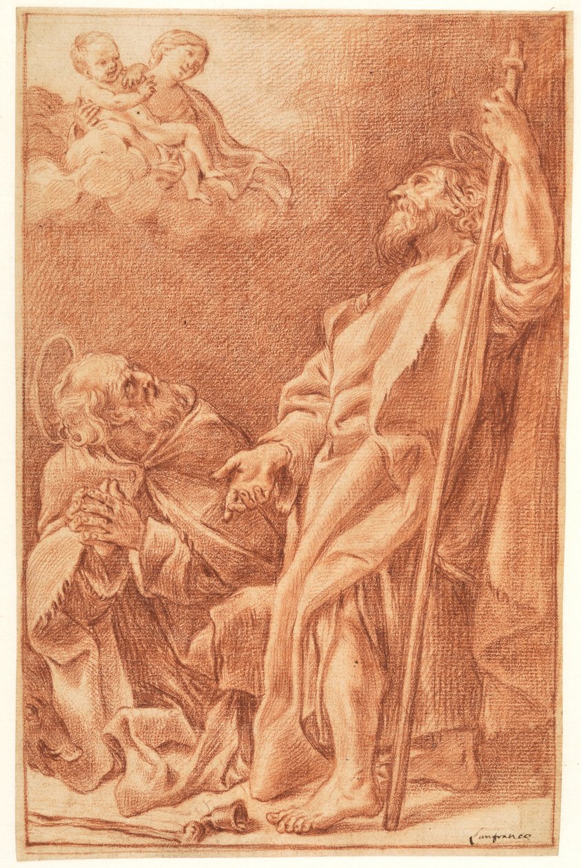 Madonnaen og barnet med St Anthony Abbed og James the Greater af after Giovanni Lanfranco