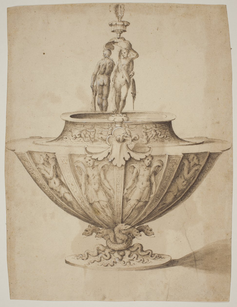 En storslået skål med figurer og marine scener på en base omkranset af slanger af after Giulio Romano