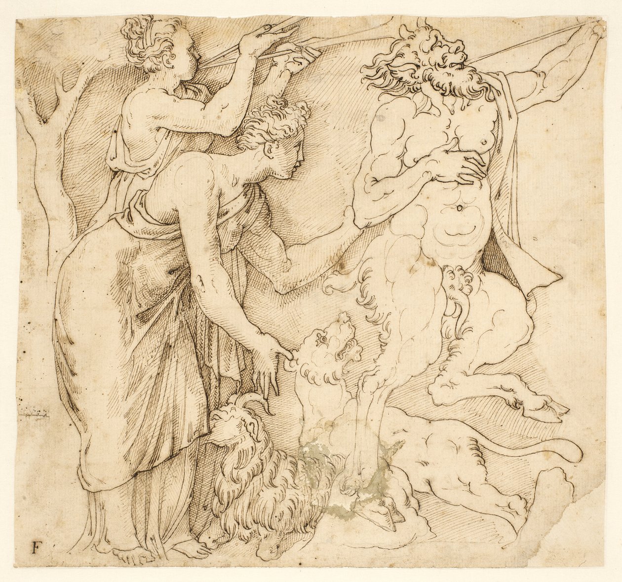 En satyr, to kvinder, en løve og en ged af after Giulio Romano