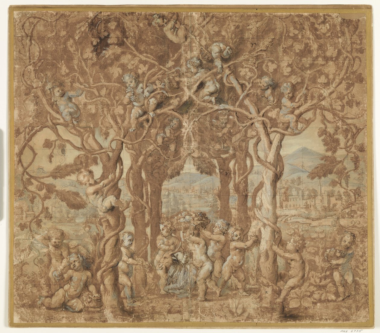 Putti høster vin og leger med en ged af after Giulio Romano