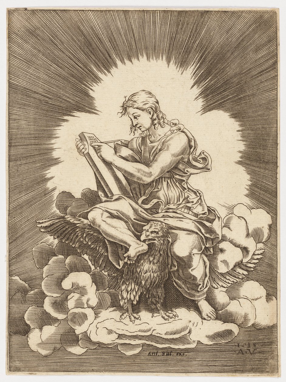 Saint John, skriver, siddende på en ørn af after Giulio Romano