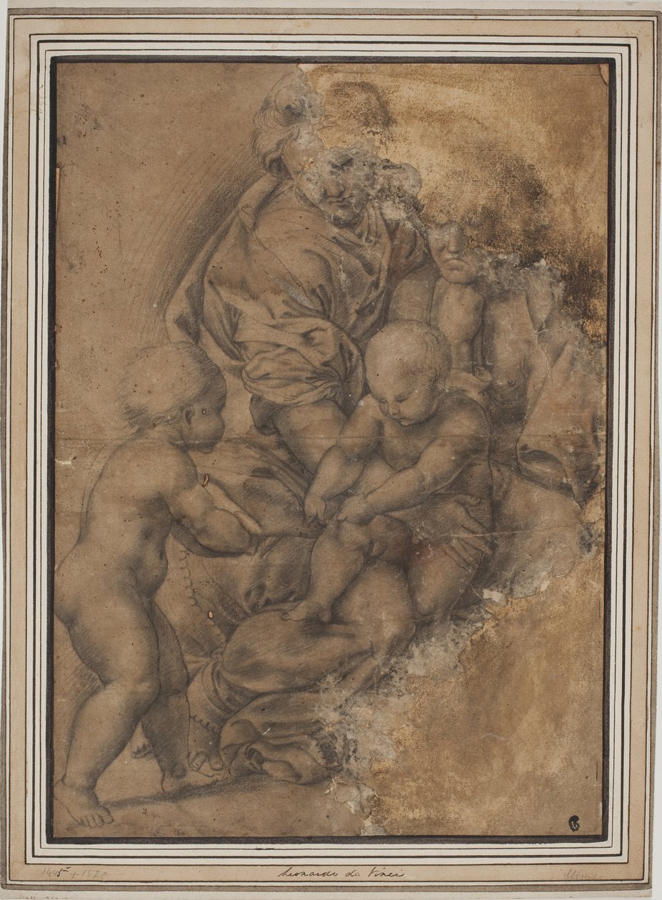 Den hellige familie med spædbarnet Johannes Døberen. Efter Giulio Romanos Madonna della Gatta af after Giulio Romano