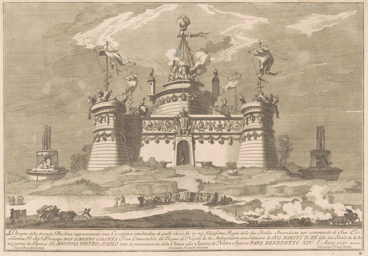 Seconda Macchina for Chinea af 1757: Fæstningen i Cockaigne af after Giuseppe Palazzi Giuseppe Pozzi after Paolo Posi
