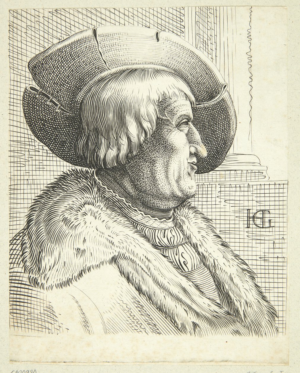 Fantasi Portræt af gammel mand med hat i profil af after Hendrick Goltzius