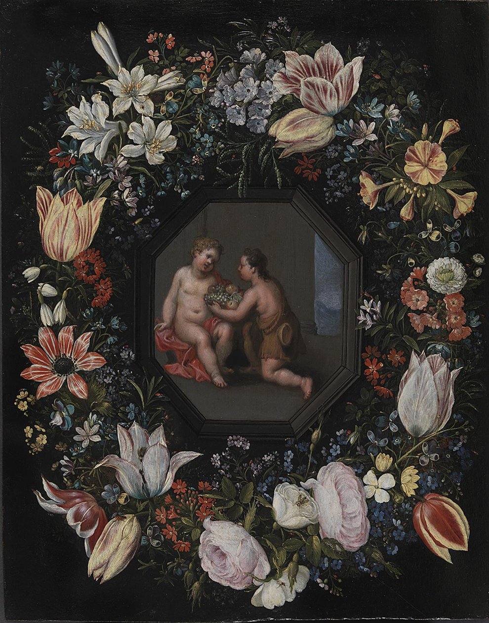 Blomsterkrans med Jesus og spædbarnet Johannes af after Hendrik van Balen d.Æ.