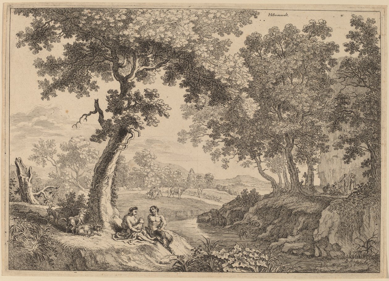 Satyrfamilien sidder under et træ af after Herman van Swanevelt