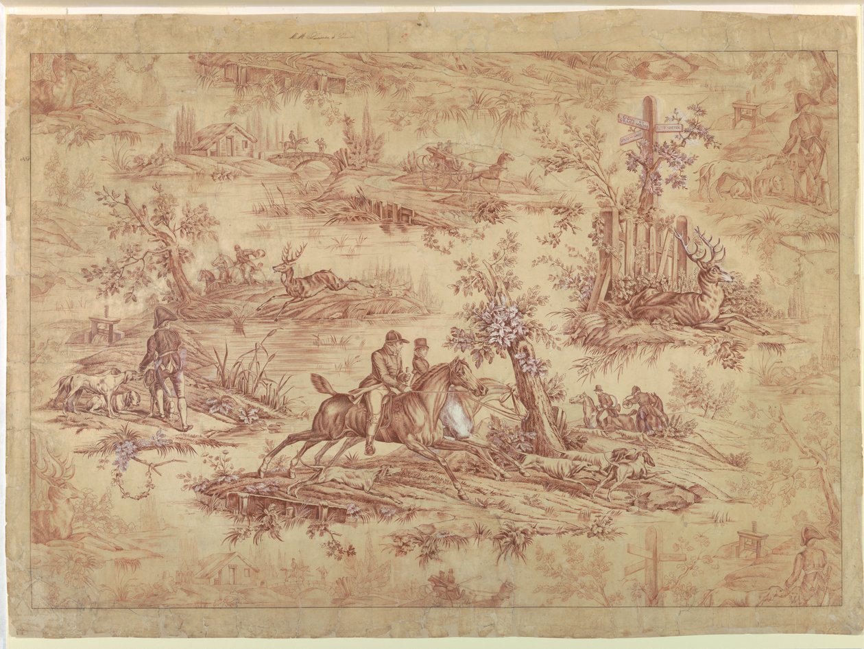 Tegneserie for tekstil med bomuldstryk, La Route de Jouy af after Horace Vernet