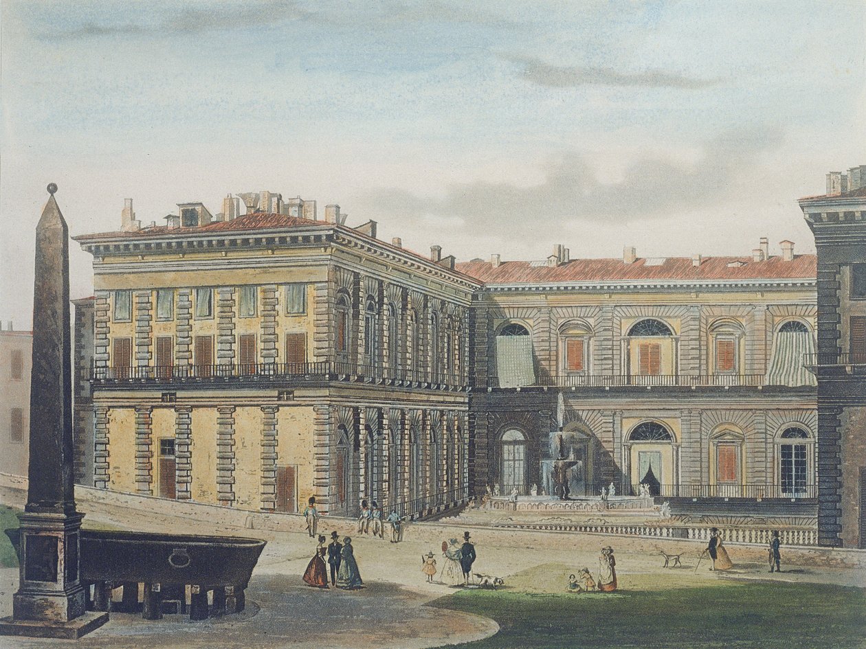 Indvendig gårdhave i Palazzo Pitti, Firenze, indgraveret af Johann Falkeisen (1804-83) og farvelagt af L. Cherbuin, ca. 1842 (akvatint) af after Italian School