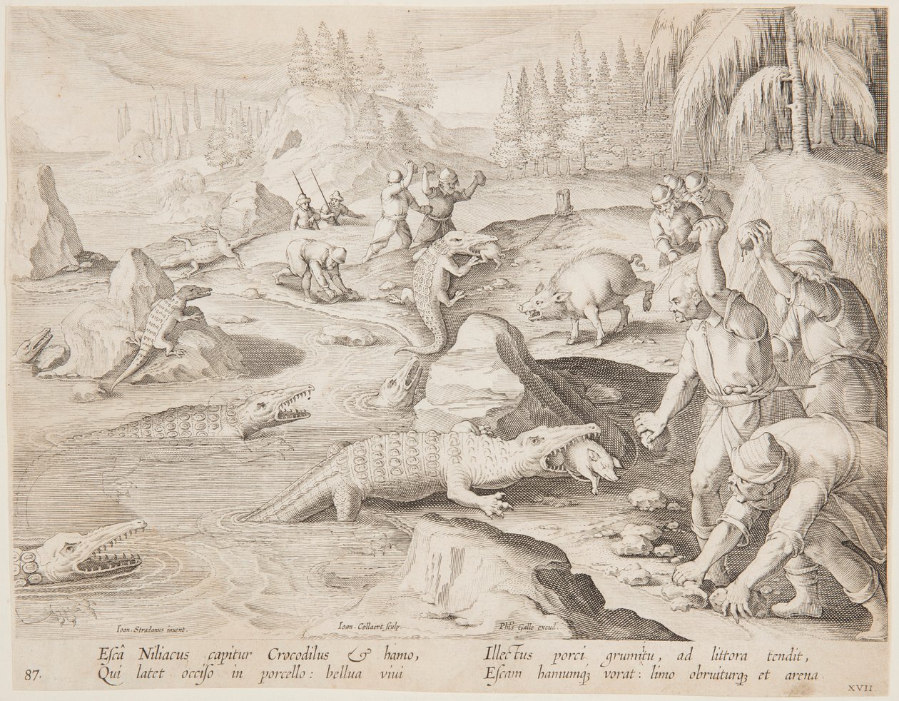 Krokodillejagt af after Jan van der Straet, called Stradanus