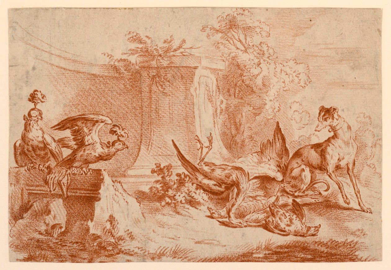 Falke, hunde og døde vildt af after Jean Baptiste Huet