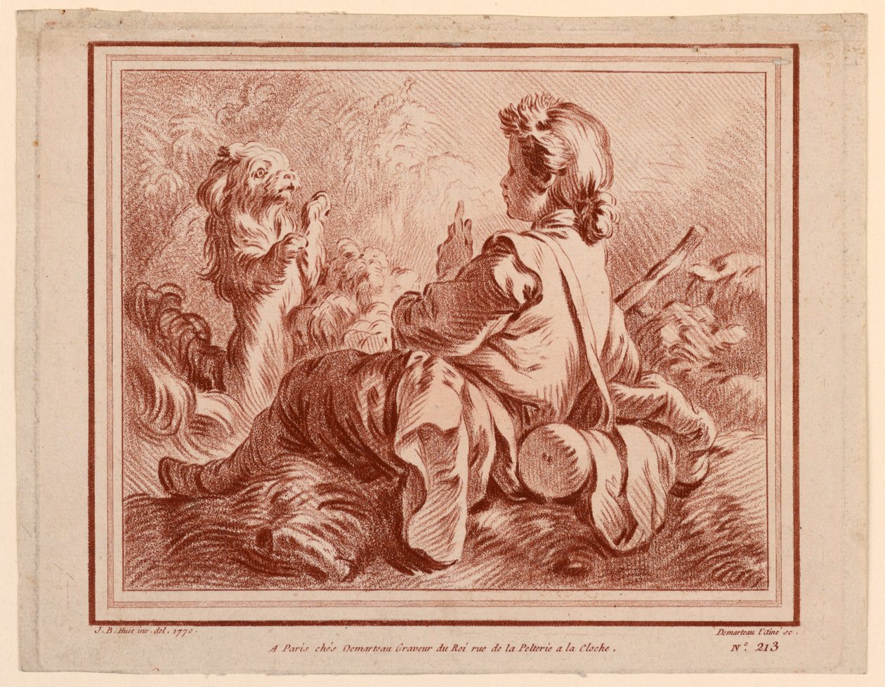 Siddende hyrde leger med en hund af after Jean Baptiste Huet