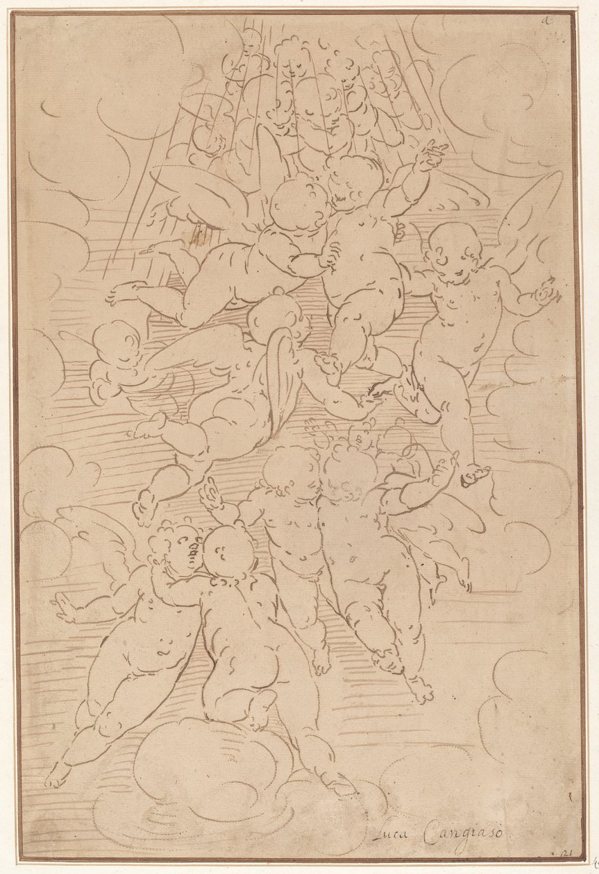 En gruppe engle i herlighed af after Luca Cambiaso Italian 17th Century