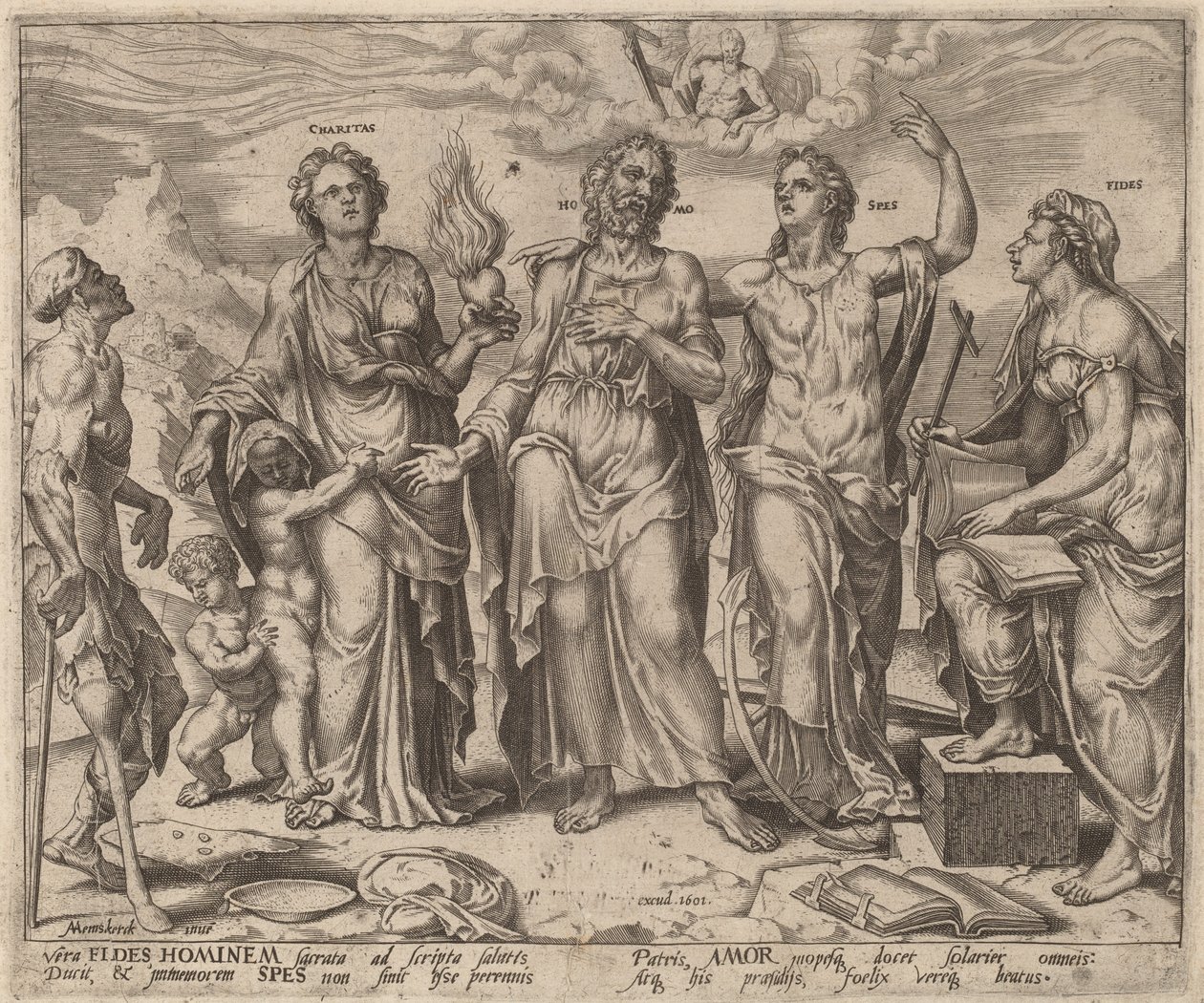 Mennesket assisteret af tro, håb og næstekærlighed af after Maerten van Heemskerck