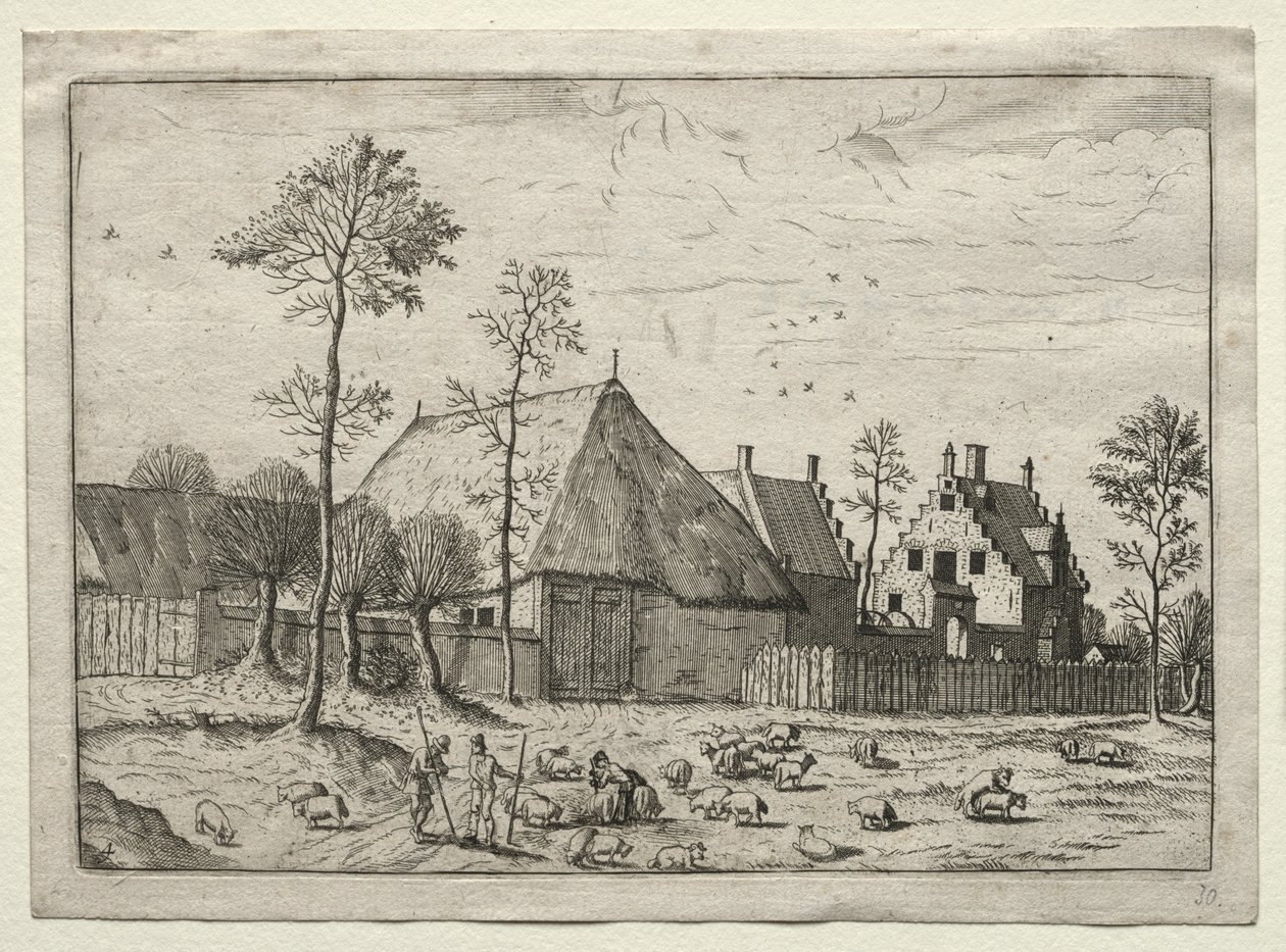 Udsigt over landsbyer i Brabant og Campine: Hyrder med flok af after Master of the Small Landscapes