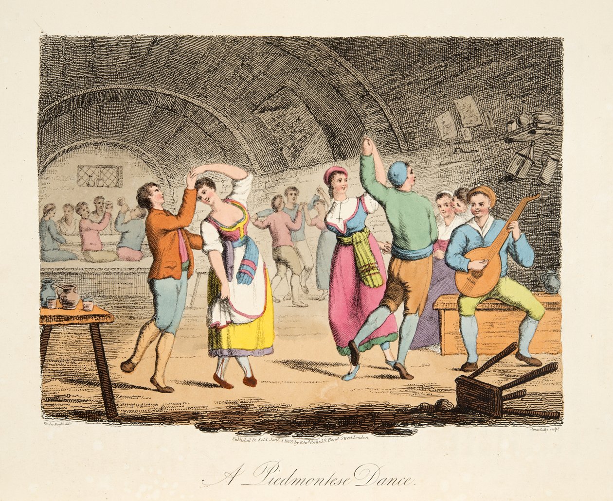 En piemontesisk dans, fra italiensk landskab, der repræsenterer manerer, skikke og forlystelser i de forskellige stater i Italien, pub. 1806 (håndfarvet gravering) af after P. van Lerberghi