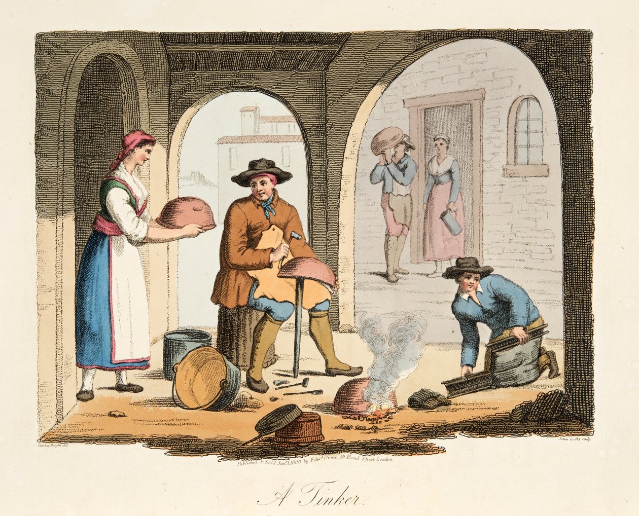 A Travelling Tinker, fra Italian Scenery, der repræsenterer manerer, skikke og forlystelser i de forskellige stater i Italien, pub. 1806 (håndfarvet gravering) af after P. van Lerberghi