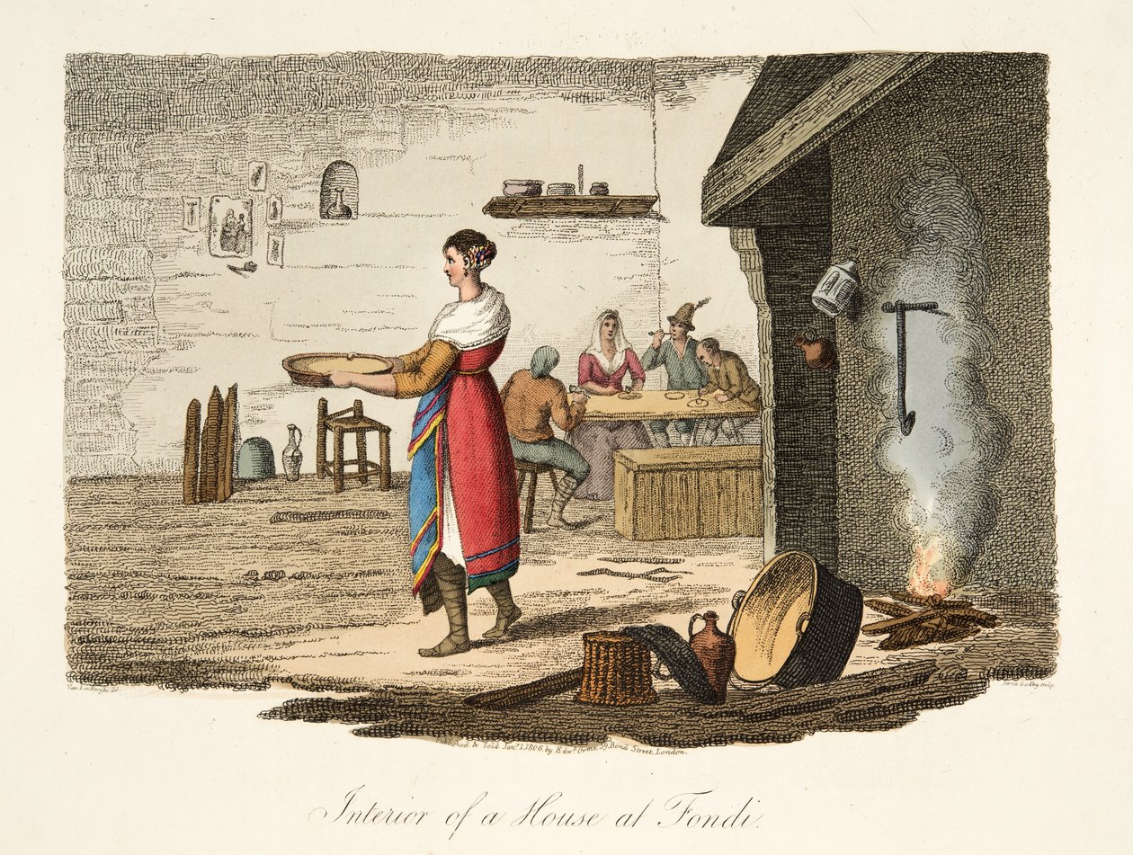 Interiør af et hus i Fondi, fra italiensk sceneri, der repræsenterer manerer, skikke og forlystelser i de forskellige stater i Italien, pub. 1806 (håndfarvet gravering) af after P. van Lerberghi