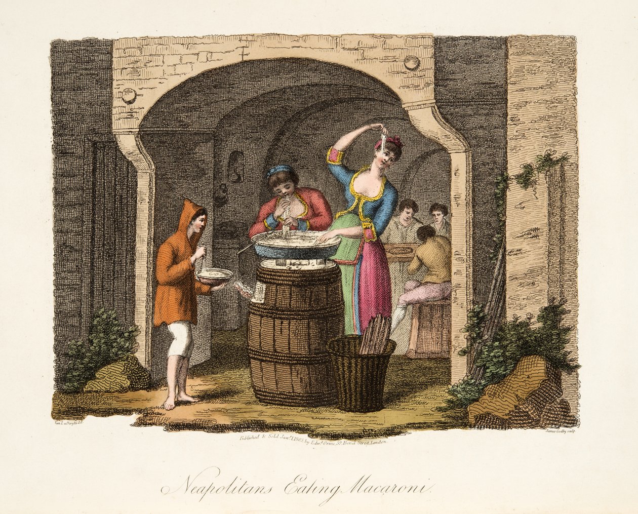 Napolitanere spiser makaroni, fra italiensk landskab, der repræsenterer manerer, skikke og forlystelser i de forskellige stater i Italien, pub. 1806 (håndfarvet gravering) af after P. van Lerberghi