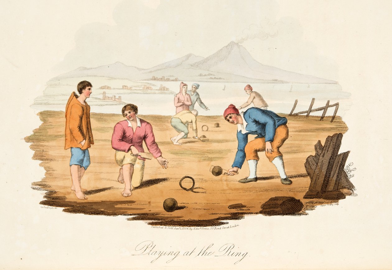 Playing at the Ring, fra Italian Scenery, der repræsenterer manerer, skikke og forlystelser i de forskellige stater i Italien, pub. 1806 (håndfarvet gravering) af after P. van Lerberghi