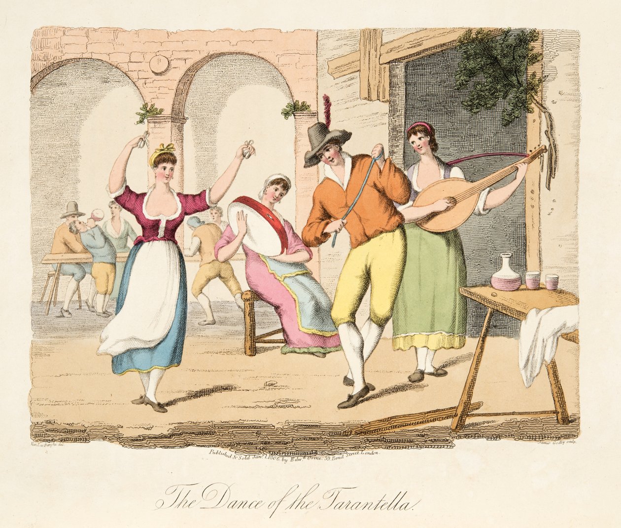 The Dance of the Tarantella, fra Italian Scenery, der repræsenterer manerer, skikke og forlystelser i de forskellige stater i Italien, pub. 1806 (håndfarvet gravering) af after P. van Lerberghi
