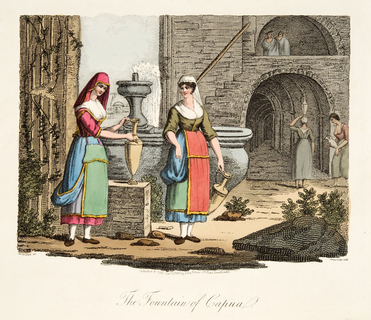 The Fountain of Capua, fra Italian Scenery, der repræsenterer manerer, skikke og forlystelser i de forskellige stater i Italien, pub. 1806 (håndfarvet gravering) af after P. van Lerberghi