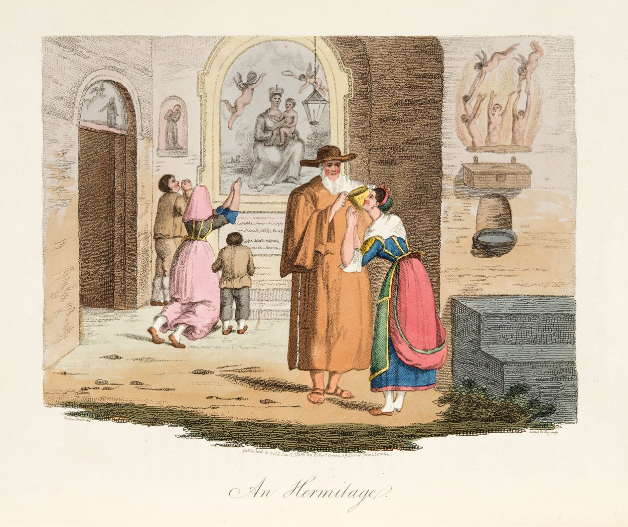 Hermitage of Capua, fra Italiensk Scenery, der repræsenterer manerer, skikke og forlystelser i de forskellige stater i Italien, pub. 1806 (håndfarvet gravering) af after P. van Lerberghi