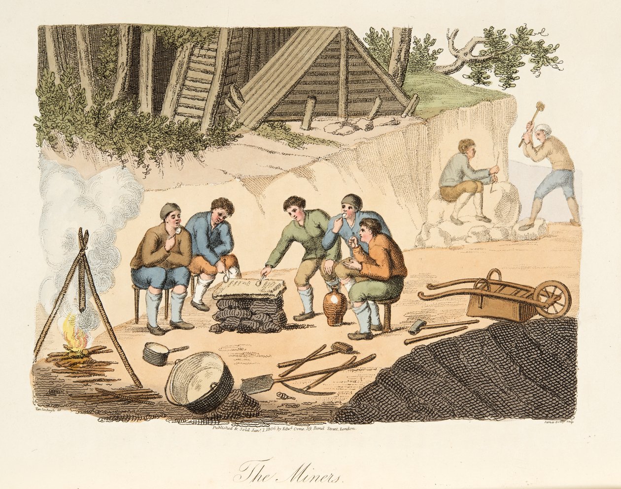 Quarrymen of Grisante, fra Italian Scenery, der repræsenterer manerer, skikke og forlystelser i de forskellige stater i Italien, pub. 1806 (håndfarvet gravering) af after P. van Lerberghi