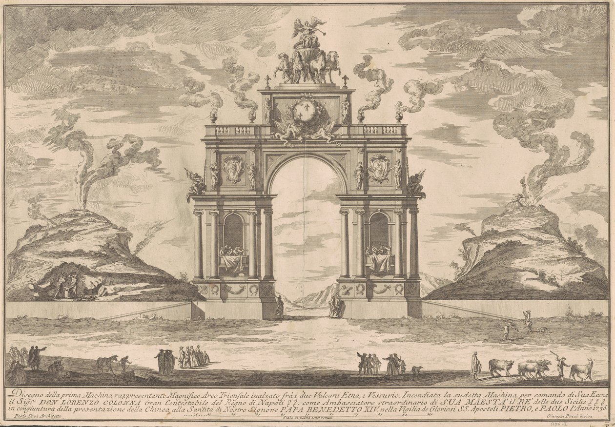 Prima Macchina for Kina fra 1756: En triumfbue mellem Etna og Vesuv af after Paolo Posi Giuseppe Pozzi