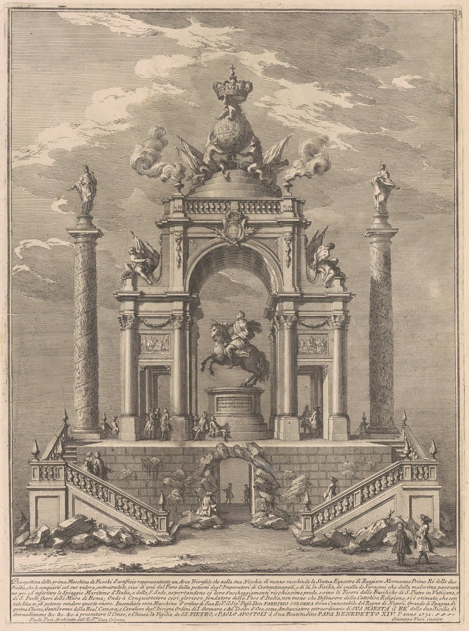 Prima Macchina for Chinea af 1751: Triumfbue for Roger I af Sicilien af after Paolo Posi Giuseppe Vasi